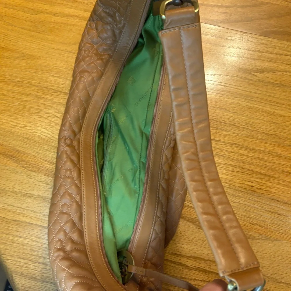 Donald J Pliner Boho crescent shaped Tan Leather Quilted Shoulder purse